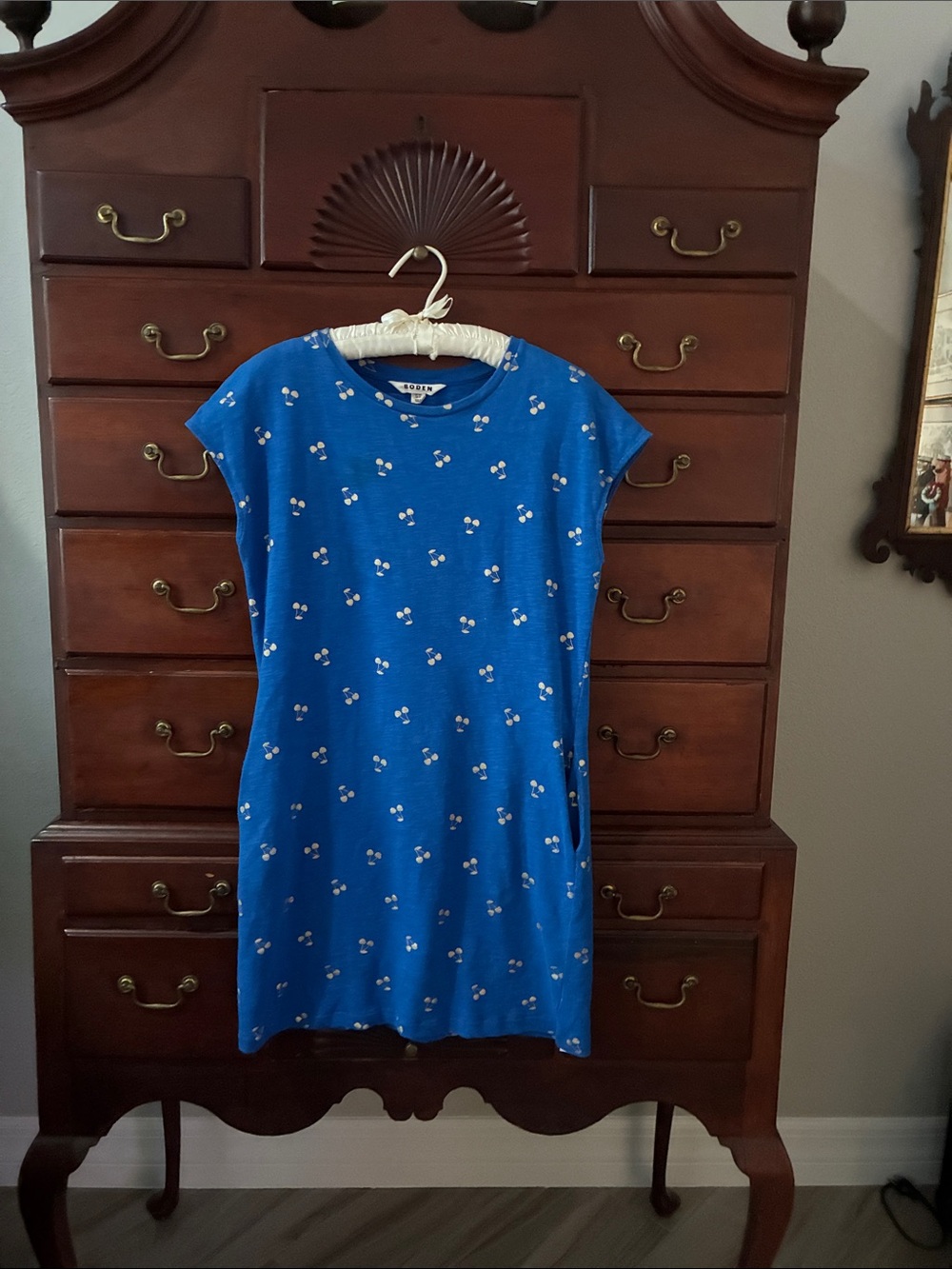 Boden Royal Blue Mini Dress with Gold Cherry Print